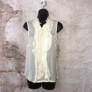 NWT NANETTE Nanette Lepore Sheer Beige Front Tie Button Ruffle Pleats Sz XS